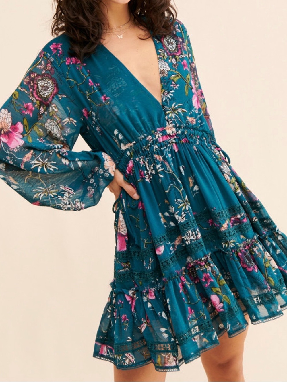 Free People Teal Floral V-Neck Long Sleeve Mini Dress